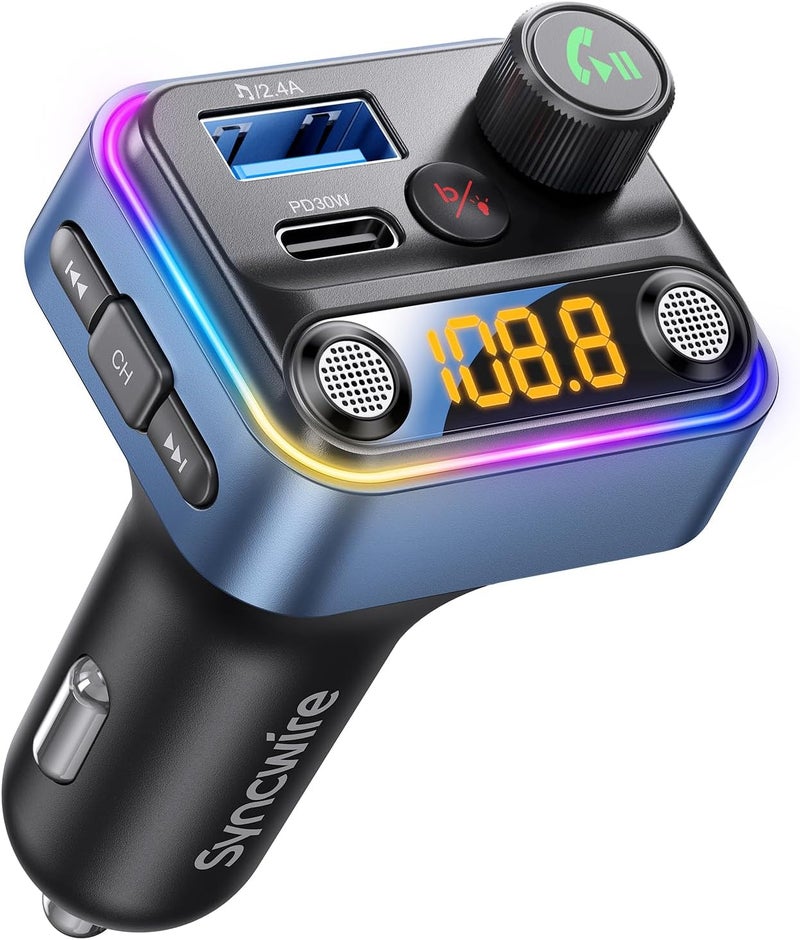 Syncwire Bluetooth 5.4 FM Transmitter Car Adapter 42W [Light Switch] [Stronger Dual Mics] [HiFi Bass Sound] [Fast Charging] Wireless FM Radio Music Adapter Hands-Free Calling Support USB Drive, Blue - Image 1